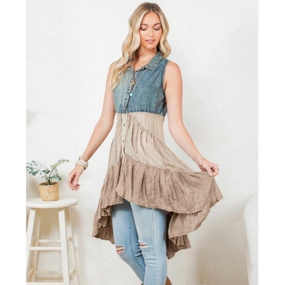 Young Threads Denim Patchwork High Low Duster Tunic M NWT – Boho Western